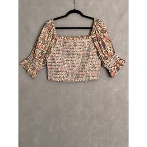 Talisman Firelight Cropped Smocked Top Women's Small Square Neck  NEW